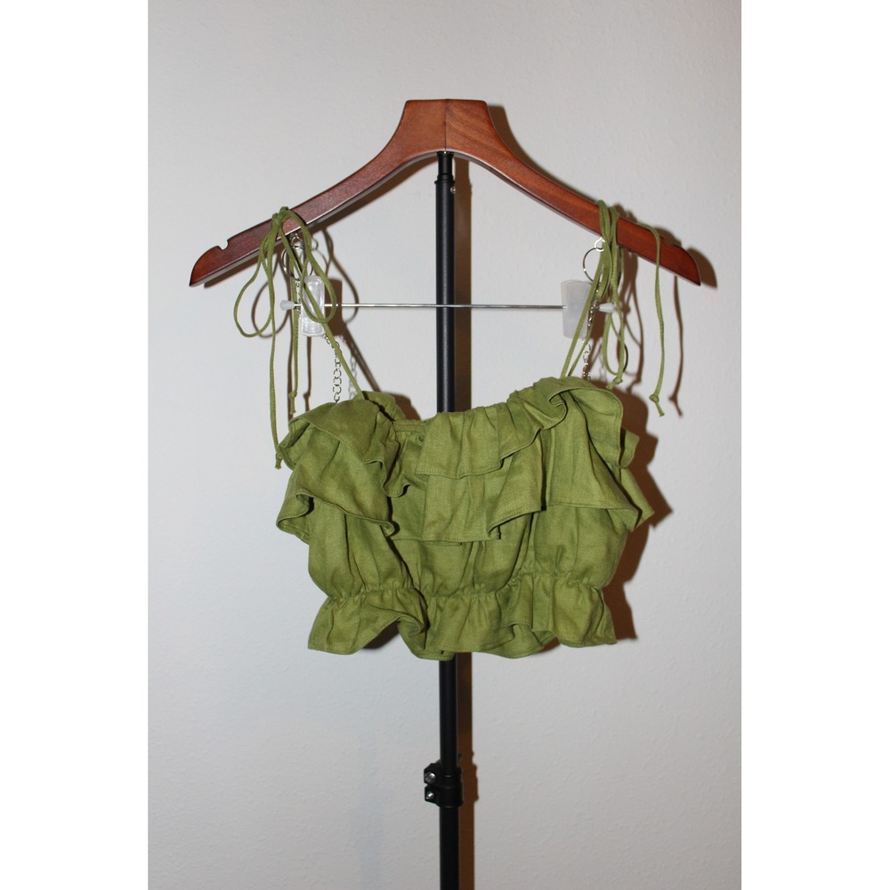 Reformation Women's XS Moss Green 100% Linen Ruffle Smocked Tie Strap Crop Top